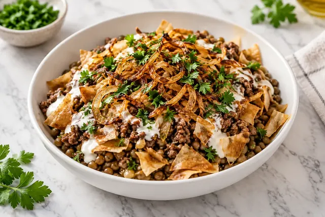 Lentil Fatteh with Minced Beef, Onion & Bread (illustrative image)