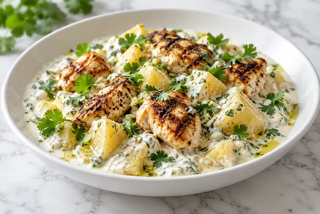 Potato Stew with Yogurt, Coriander & Garlic with Grilled Chicken (illustrative image)