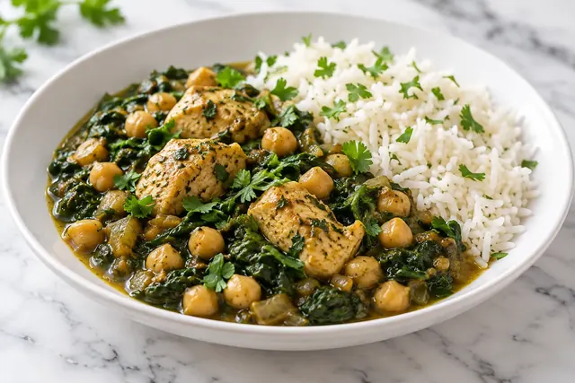 Spinach & Chickpea Stew with Chicken and White Rice (illustrative image)