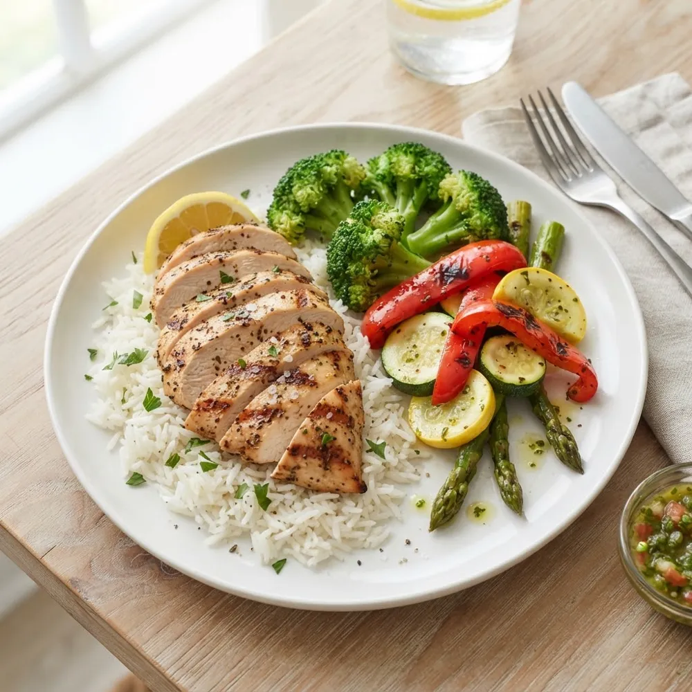 Grilled chicken plate with vegetables from Mighty Gainz